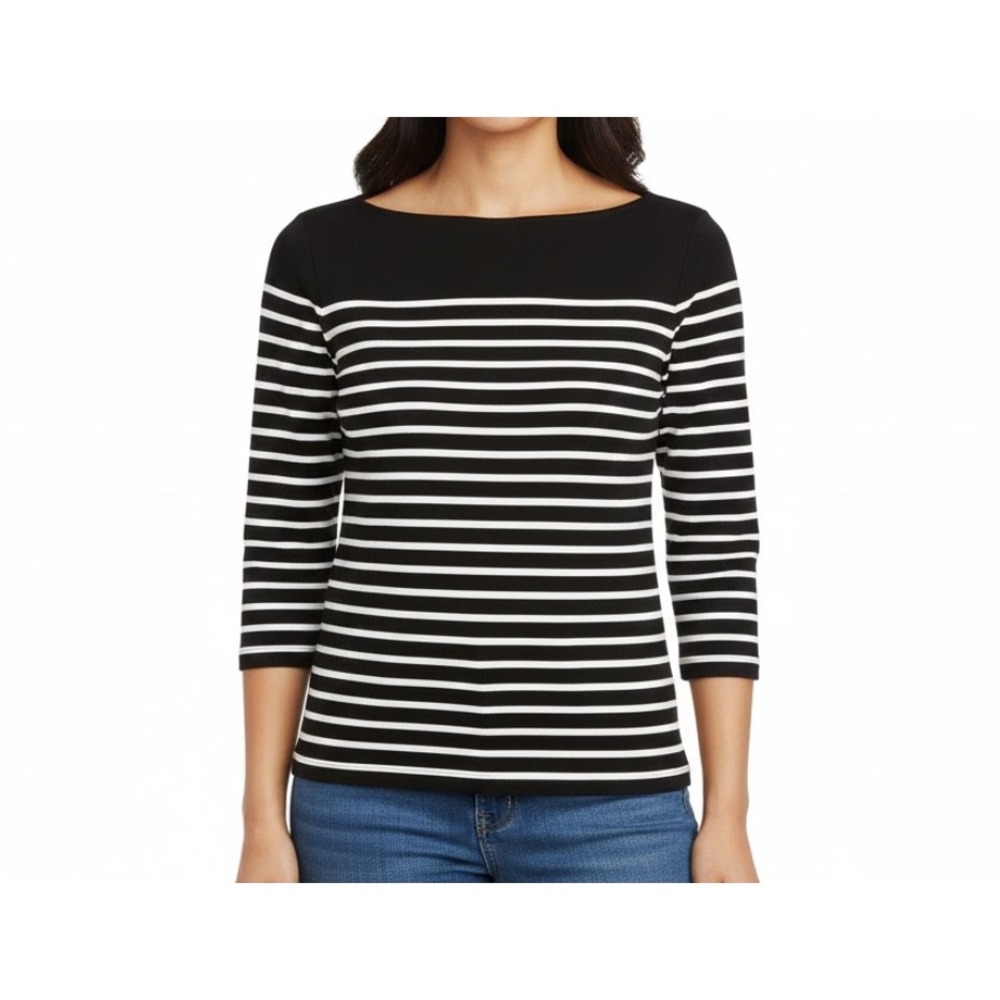 Lauren Ralph Lauren Brenton Black White Striped Boat 3/4 Sleeve P/L‎ Nautical